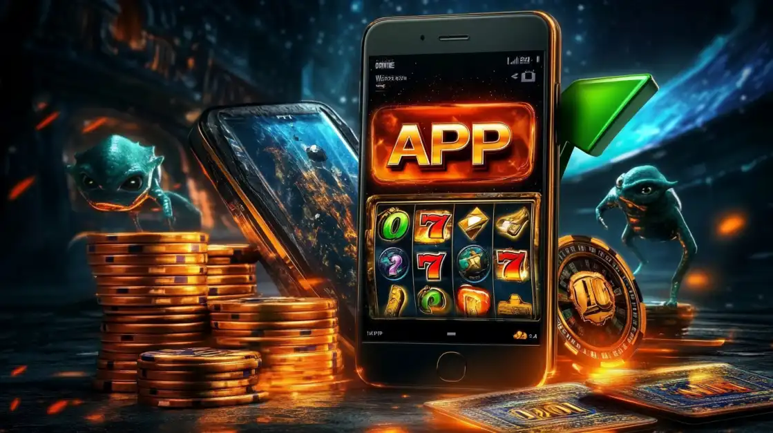The l89 mobile app displayed on a phone, featuring a classic slot machine interface with sevens and fruits, surrounded by small aliens, poker chips, and gold coins.