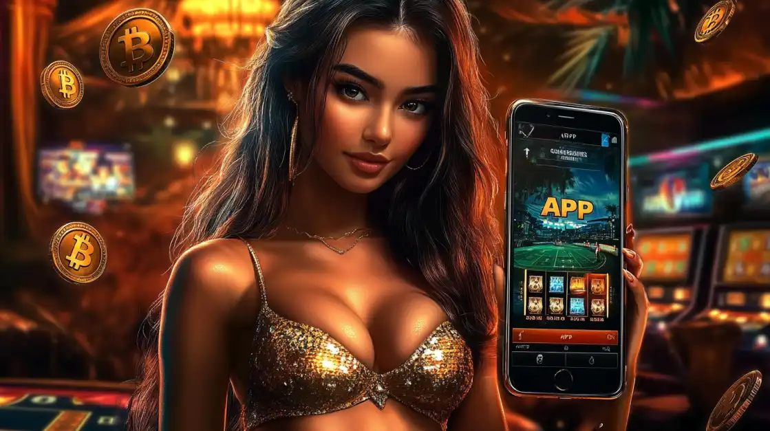 An elegant woman in a gold top presents the l89 casino app on her phone, with floating Bitcoin symbols in a luxurious casino setting, highlighting crypto gaming.