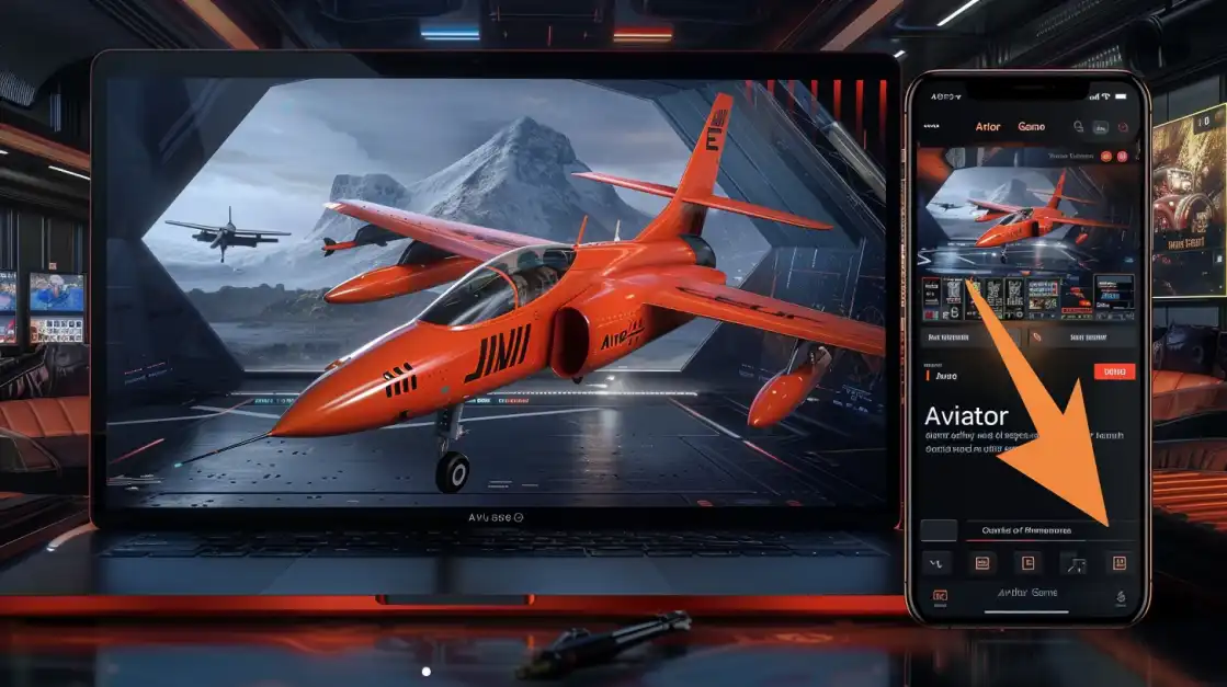 A demonstration of the l89 mobile app, with an orange arrow pointing to the Aviator game selection, while a laptop in the background displays a sleek red jet.