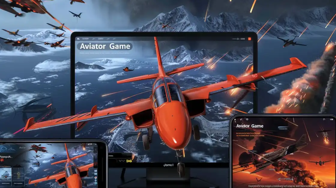 An intense battle scene from the l89 Aviator Game, showcased on a desktop monitor and two mobile phones, featuring a red jet flying amidst explosions and other aircraft.