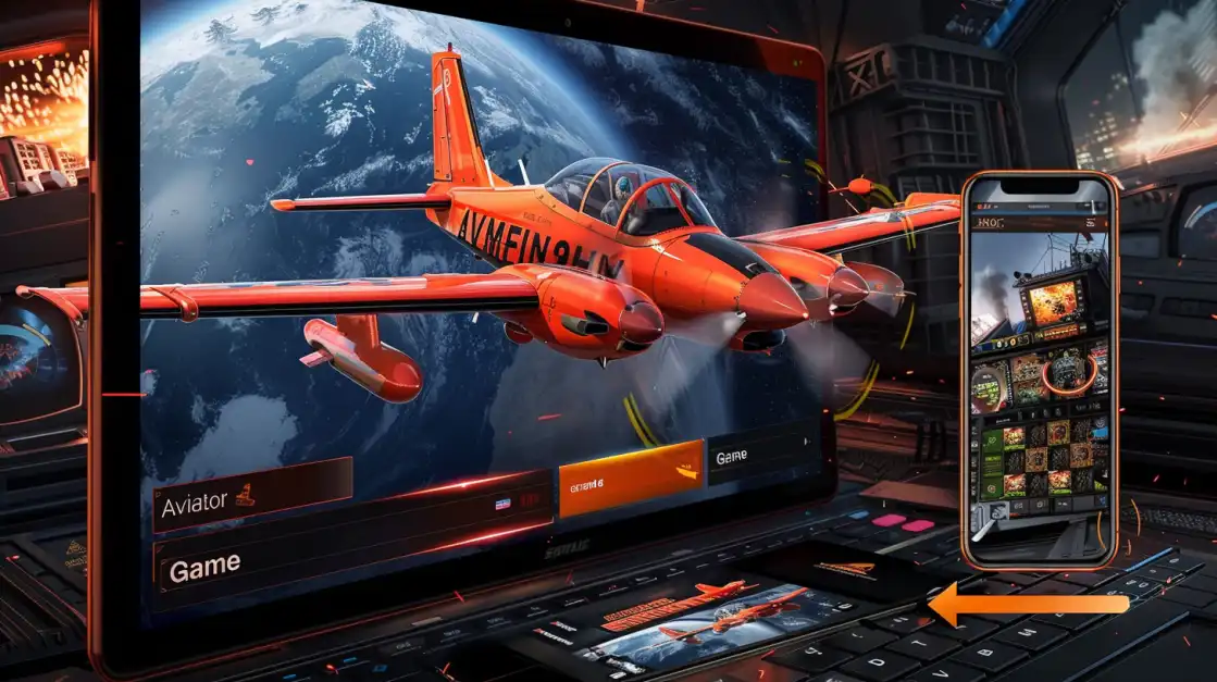 The popular Aviator crash game from l89 displayed on both a laptop and a smartphone, showing a red airplane flying high above the Earth in a futuristic setting.