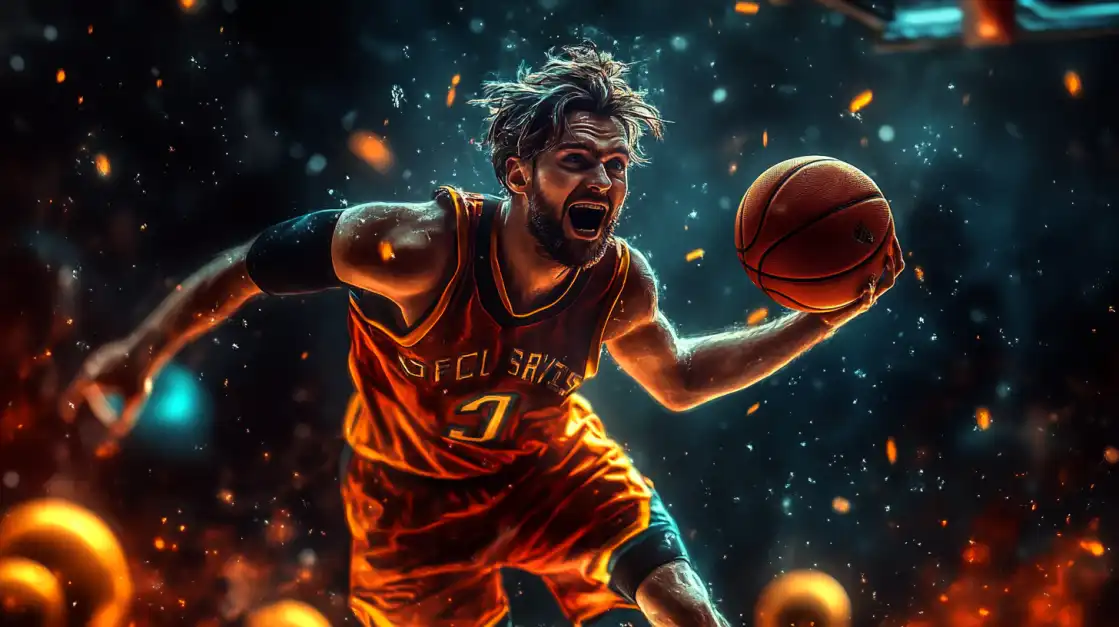 An energetic basketball player in an orange jersey drives to the hoop with intense focus, surrounded by explosive particle effects, representing l89 sports betting.