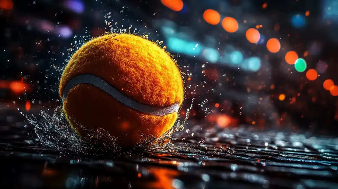 A stunning close-up of a tennis ball splashing on a wet court under bright stadium lights, symbolizing the fast-paced action of sports events covered by l89.