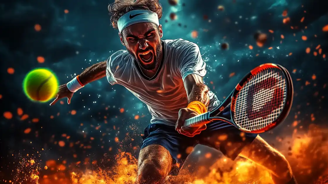 A powerful male tennis player shouts as he hits a forehand, with a dramatic, fiery background, illustrating the intensity of the tennis matches you can bet on at l89.