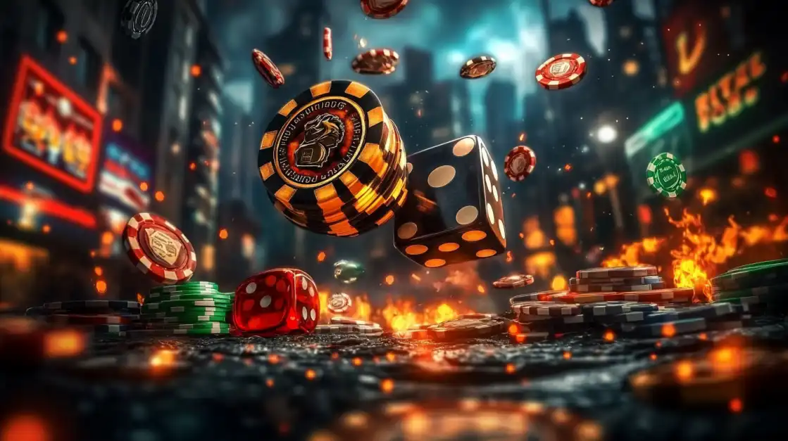 An exciting, dynamic image of casino dice and chips flying through the air on a fiery city street at night, capturing the high-stakes thrills of playing at l89.