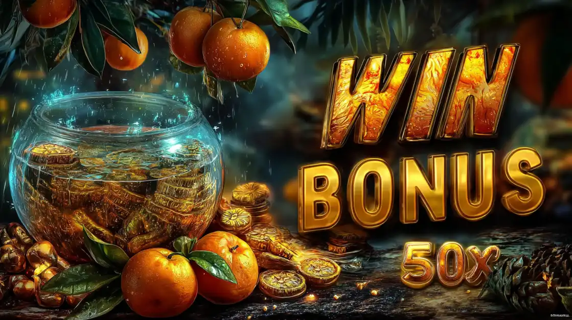 A vibrant graphic from an l89 slot game showing a WIN BONUS 50x message in golden letters, with a magical jar of coins and oranges in a lush jungle setting.