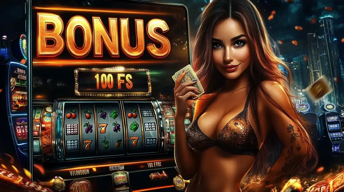 An alluring woman holds playing cards next to a large slot machine screen advertising a BONUS of 100 FS (Free Spins) for players at the l89 online casino.