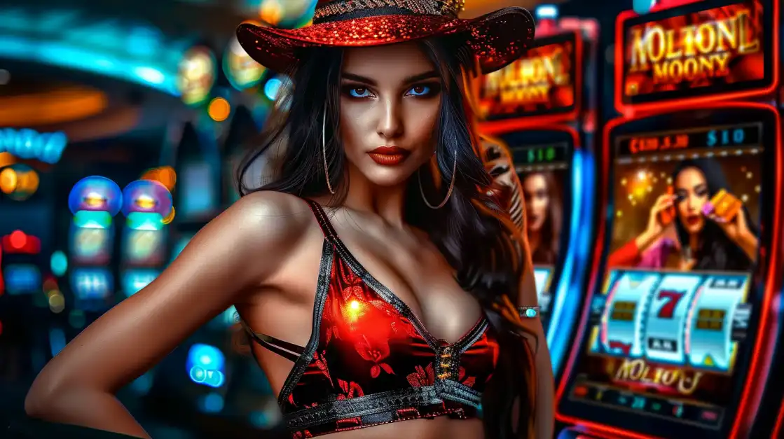 Beautiful woman in red sequined cowboy hat next to Million Money slot machine in casino
