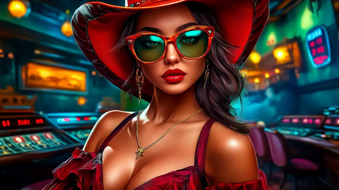 Stylish woman in red hat and sunglasses at vibrant casino with slot machines in background