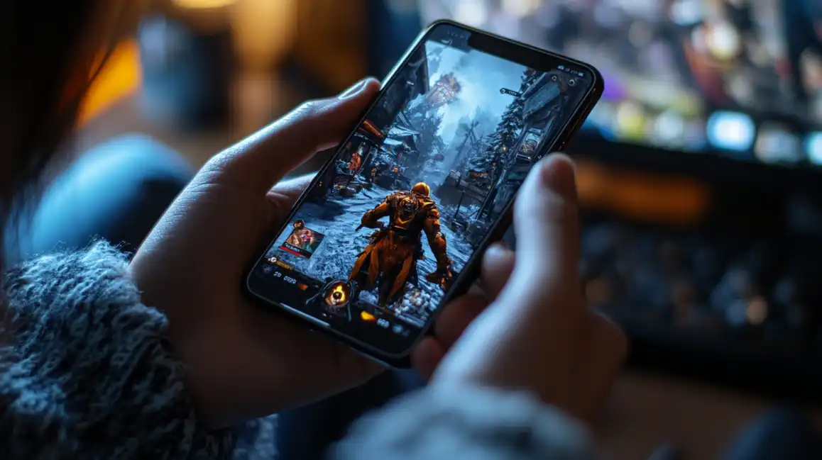 A person engrossed in playing a fantasy role-playing game on their smartphone, featuring a powerful warrior in a snowy, medieval setting, from the l89 games collection.