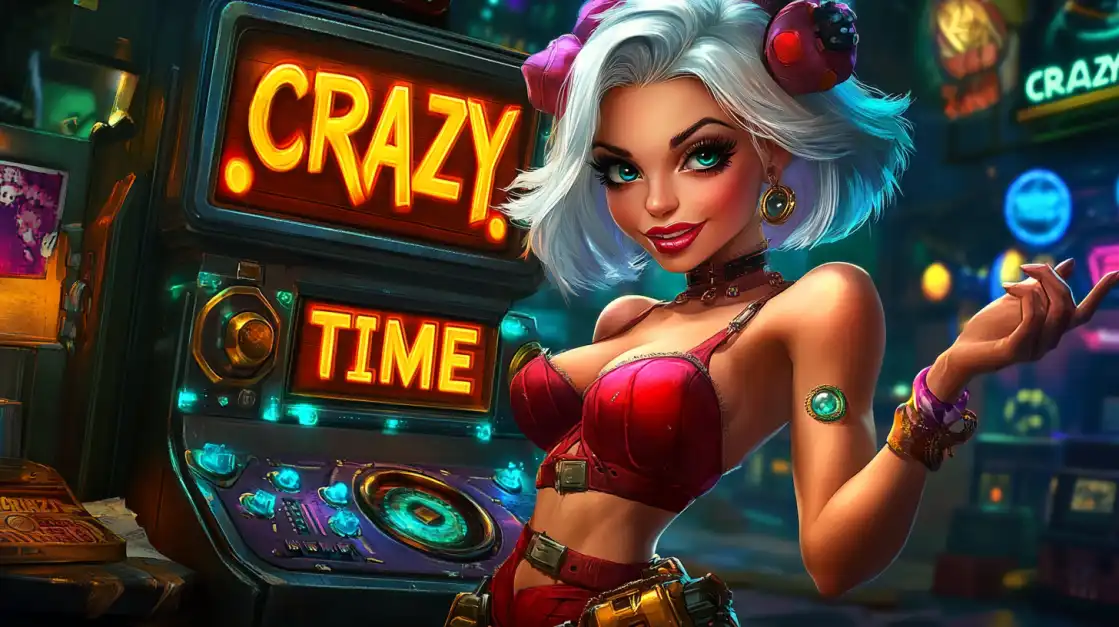 A vibrant, stylized female character with white hair poses in front of a glowing Crazy Time game machine, ready to play the popular live casino game at l89.
