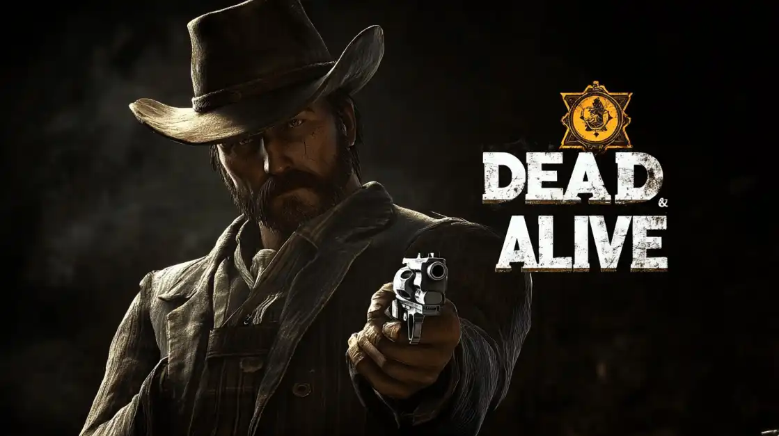 Promotional image for the Dead or Alive slot game at l89, featuring a gritty cowboy in the Old West pointing a revolver directly at the viewer.