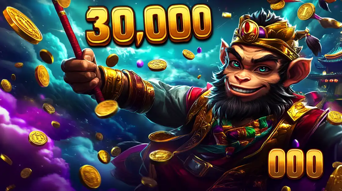 The Monkey King character from an l89 slot game celebrating a massive 30,000-point win, surrounded by a whirlwind of magical energy and showering gold coins.