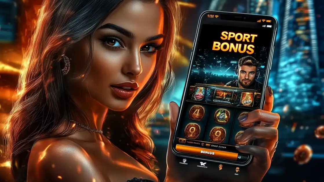 An attractive woman showcases the l89 mobile app on a smartphone, displaying a SPORT BONUS slot game interface, with a dynamic, fiery cityscape background.