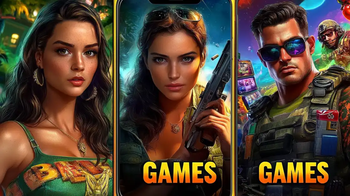 A promotional collage for l89 games, featuring three different character-themed games: a casual woman, a female operative with a gun, and a male soldier.