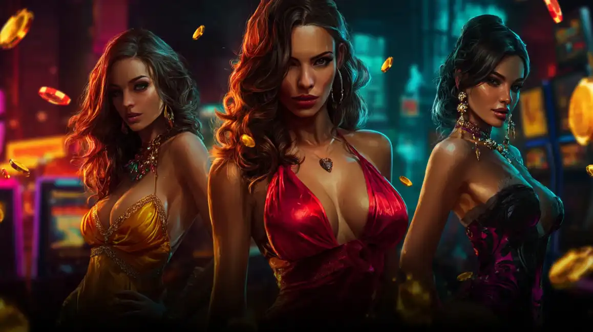 Three glamorous women enjoying a night out at the l89 casino, surrounded by the vibrant lights of slot machines and the shimmer of falling gold coins.