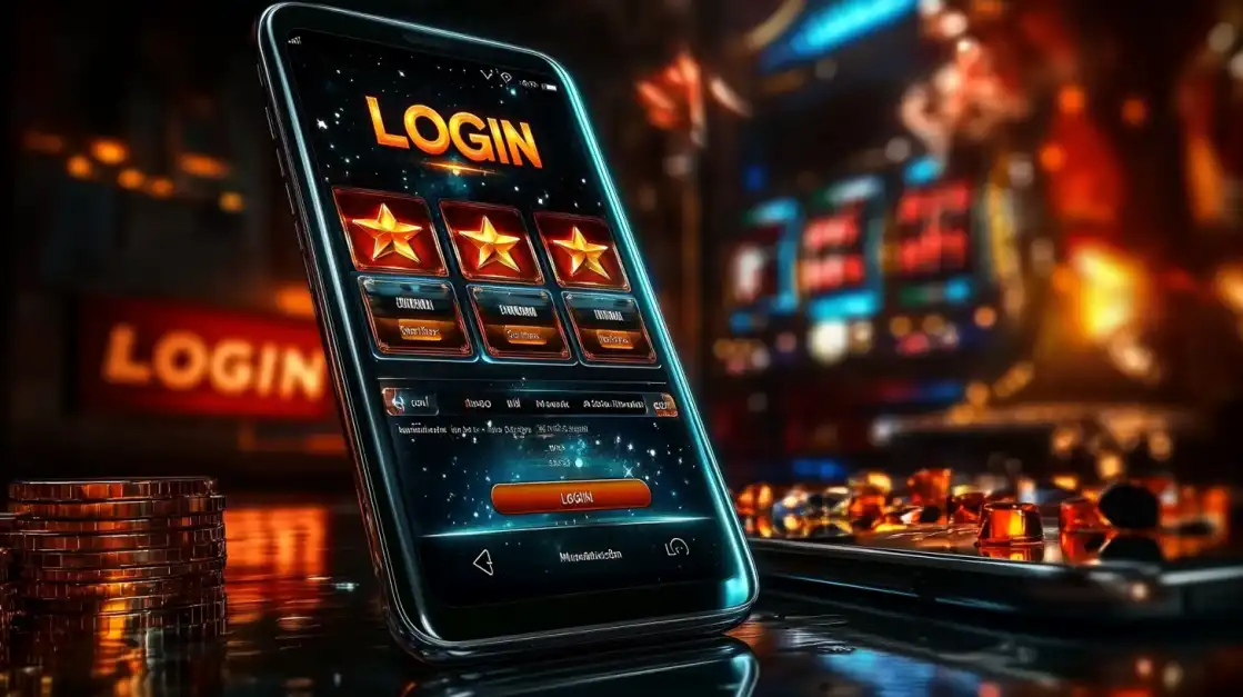 A close-up of a smartphone showcasing the sleek l89 app login interface with star ratings and a glowing LOGIN button, with stacks of casino chips nearby.