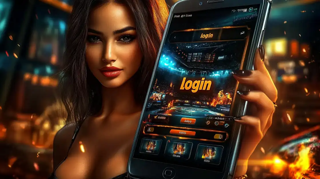 A woman holds a smartphone featuring the l89 app's login page, with a brightly lit sports stadium visible on the screen, indicating sports betting options.