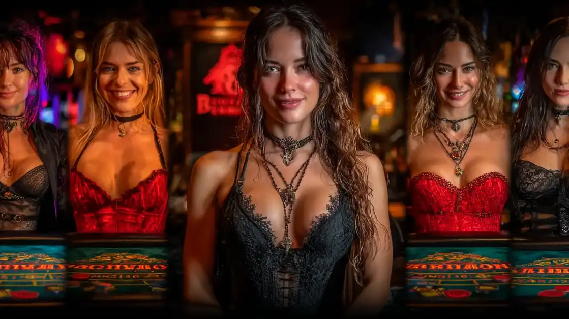 Group of attractive casino hostesses in elegant dresses standing at gaming tables in atmospheric casino lighting