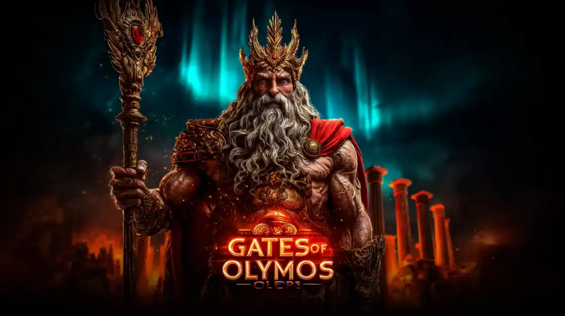 Majestic bearded king Zeus with golden crown and scepter for Gates of Olympus slot game with dramatic background