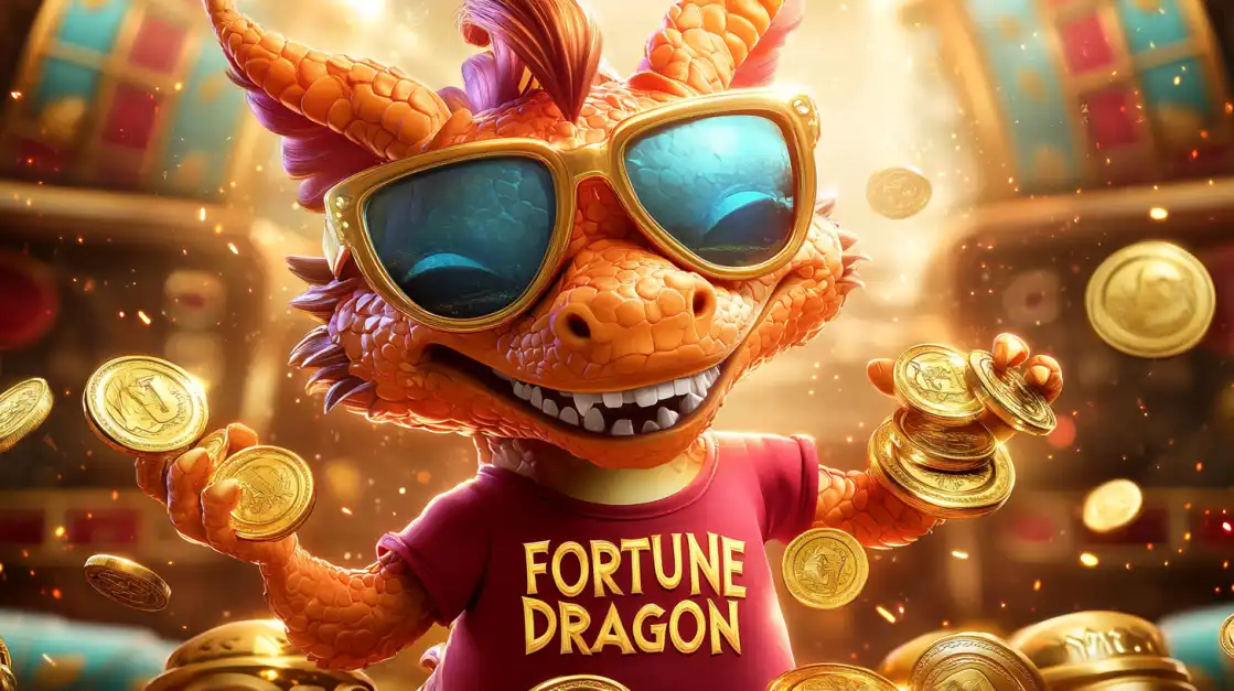 The cheerful Fortune Dragon mascot for l89 casino, wearing cool sunglasses and a red t-shirt, happily holding handfuls of shiny gold coins in a vibrant setting.