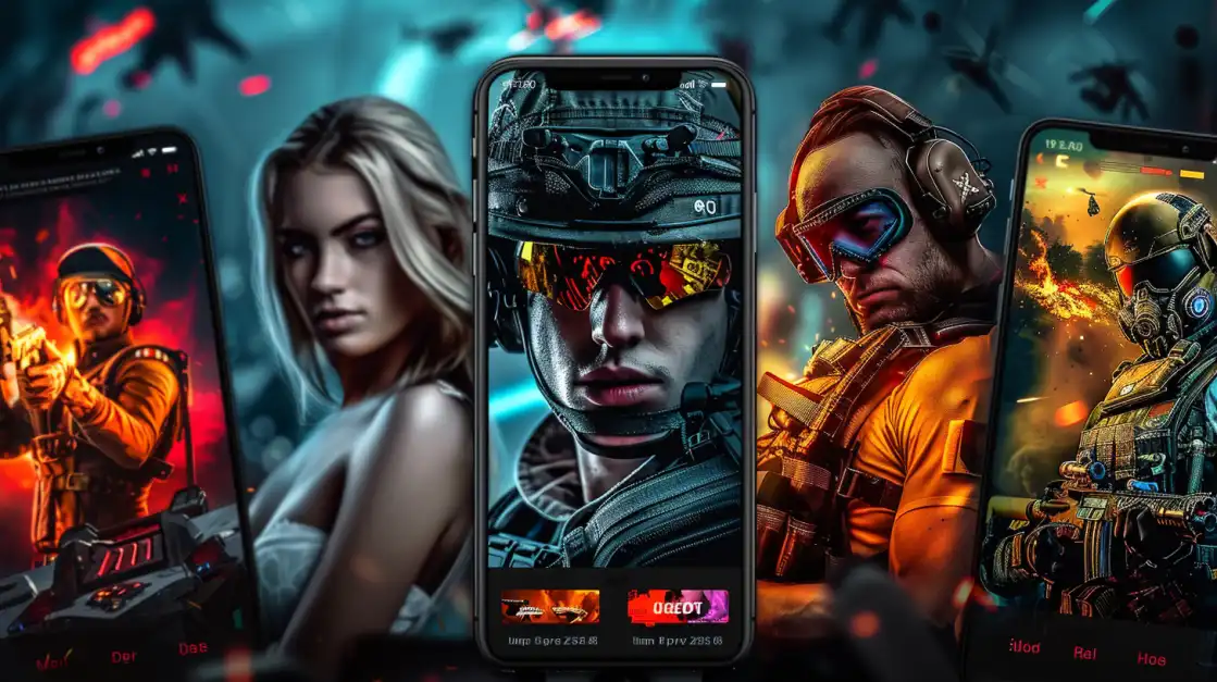 A collage of different smartphones displaying intense, action-packed shooter games available at l89, featuring various male and female military-style characters.