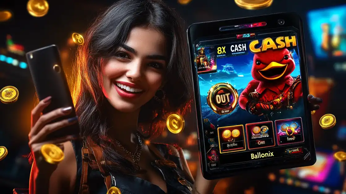 A smiling woman shows off the Ballnix cash game on a tablet, featuring a red bird character and an 8x CASH bonus, with floating coins promoting the l89 app.