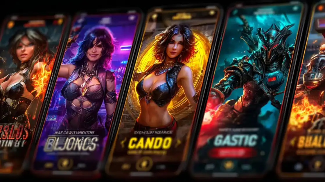 Multiple mobile phone screens displaying various fantasy-themed slot games with female characters and warriors